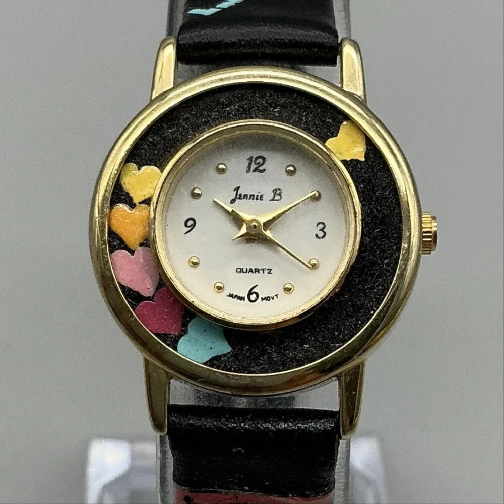Jennie B Women Watch 24mm White Dial Black Hearts Design Band Gold Tone New Batt